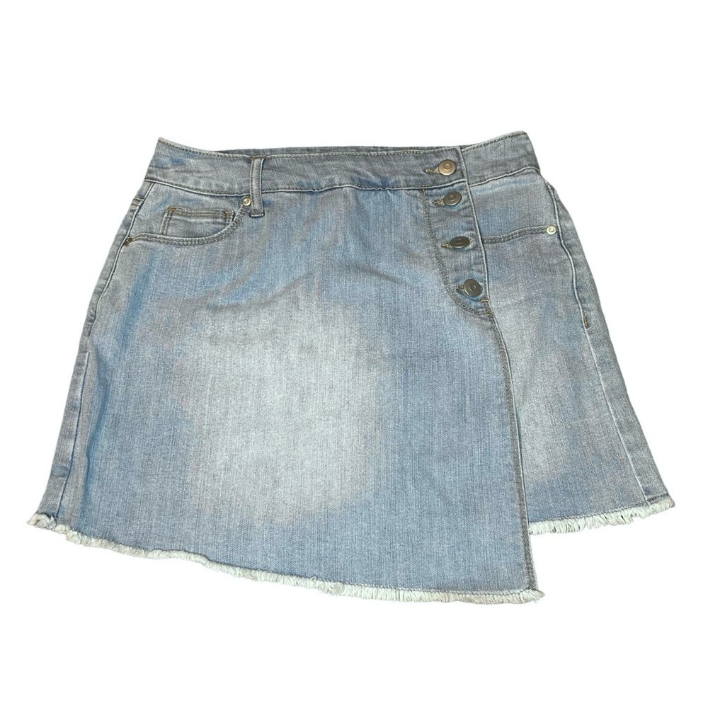 ⭐️2/$10 Energie Light Wash Faux Wrap Denim Skirt Size 5 Blue Jean Stretch